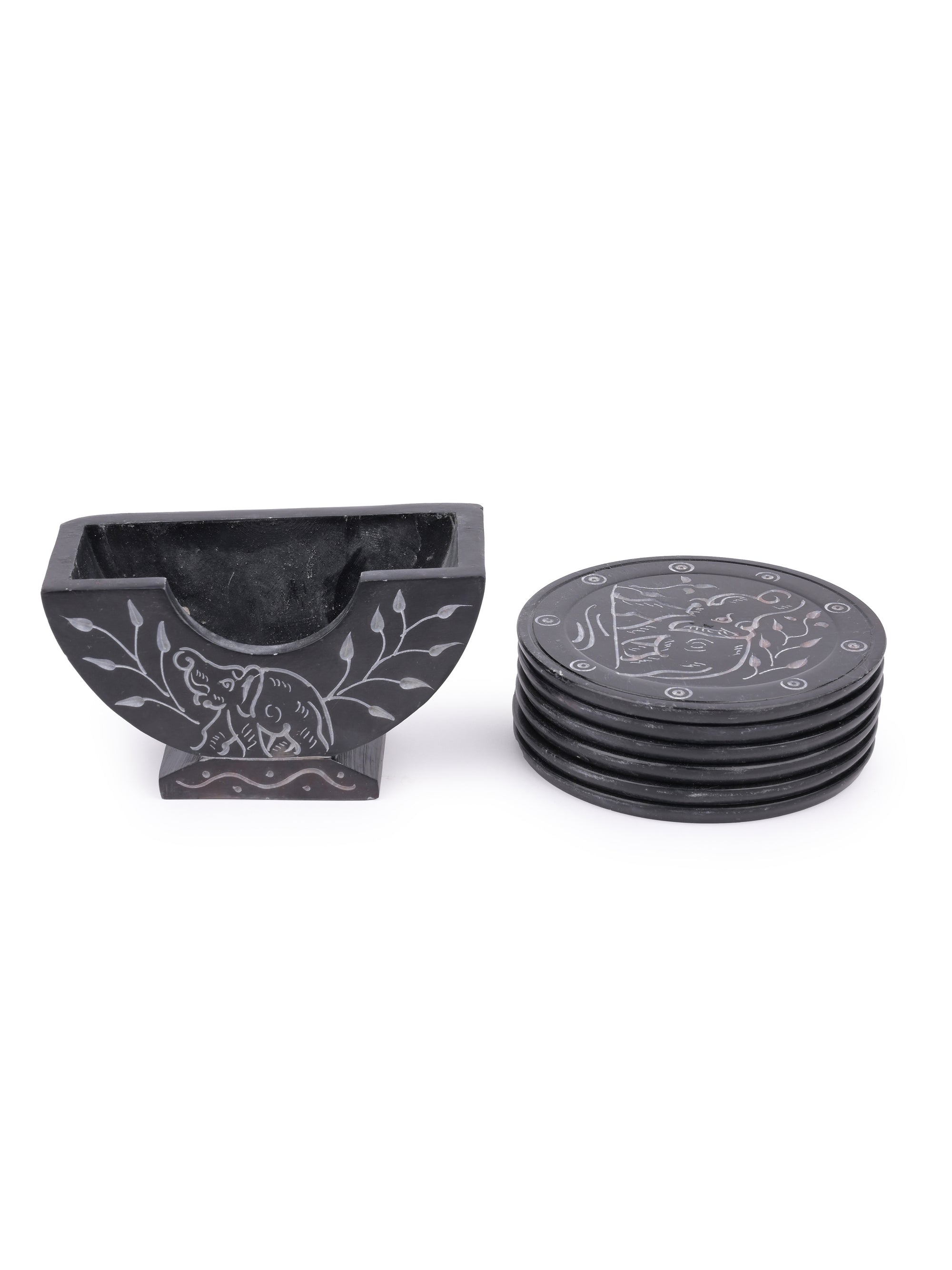 Black stone 6 pieces coaster set with stand - The Heritage Artifacts