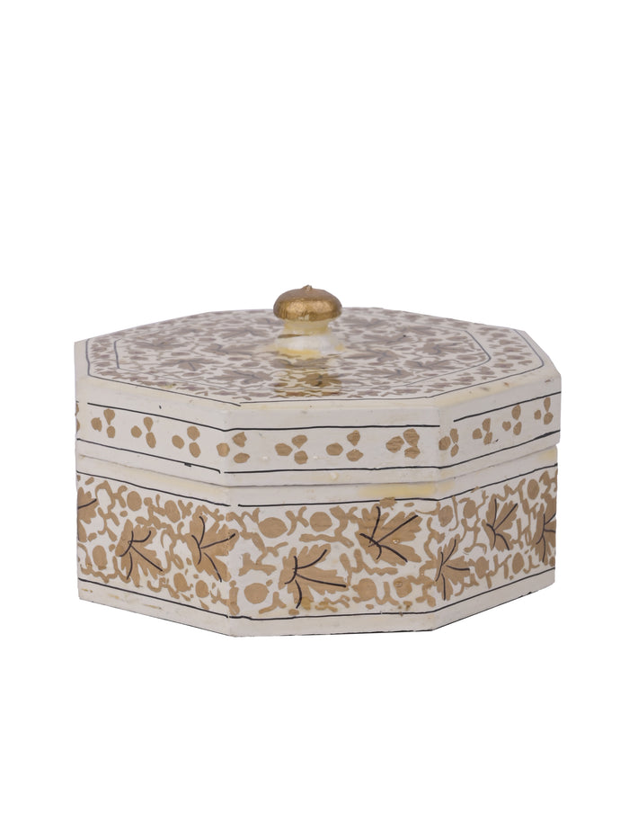 White and Gold Hexagonal shaped small paper mache storage box - The Heritage Artifacts