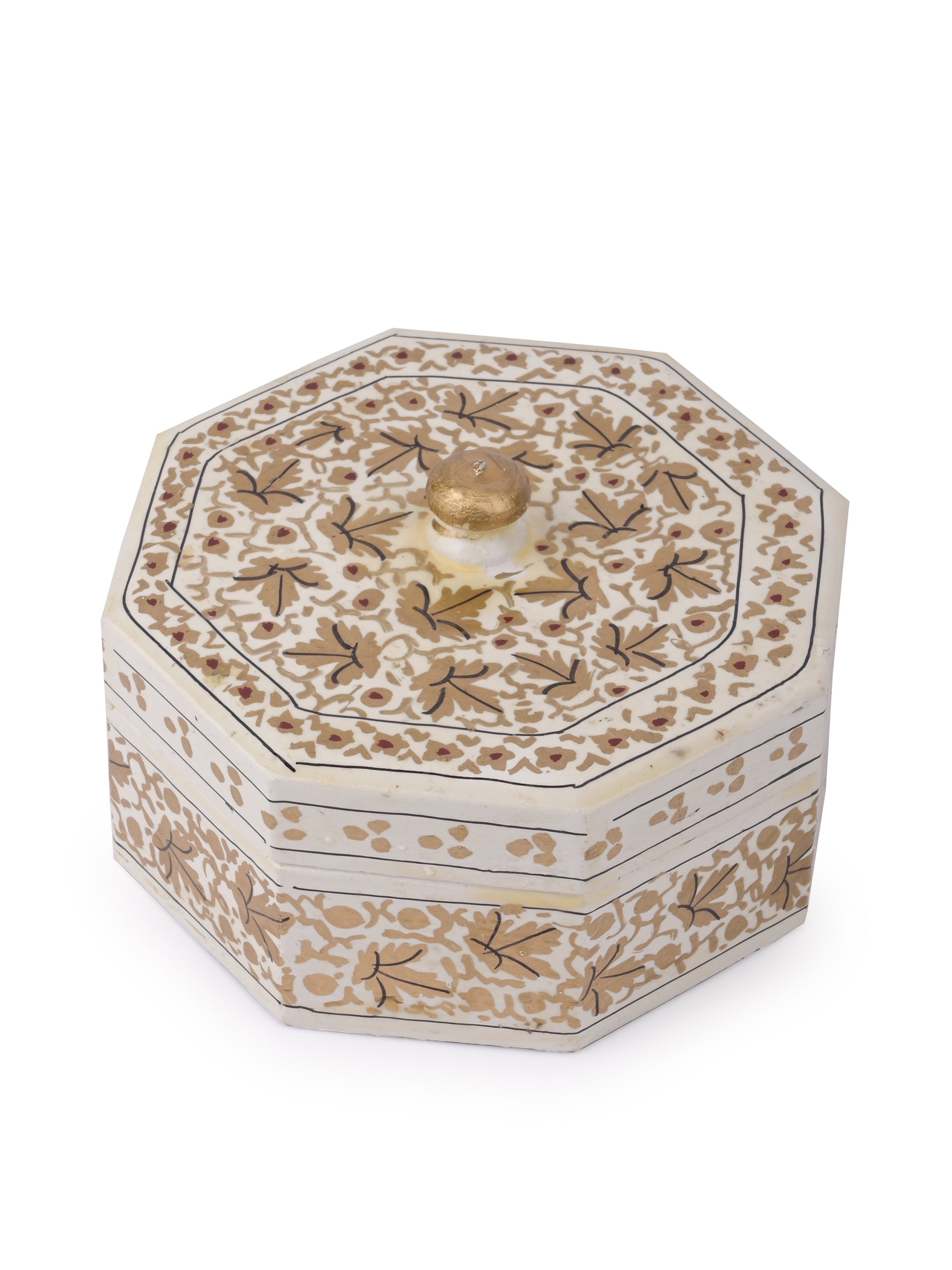 White and Gold Hexagonal shaped small paper mache storage box - The Heritage Artifacts