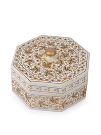 White and Gold Hexagonal shaped small paper mache storage box - The Heritage Artifacts