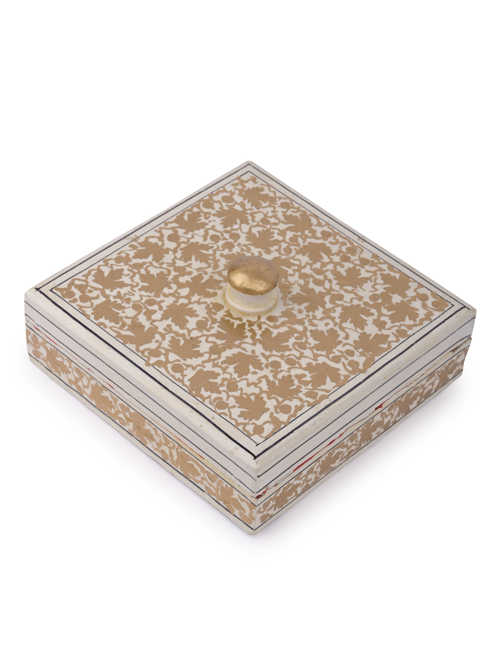 White and Gold Square shaped small paper mache storage box - The Heritage Artifacts
