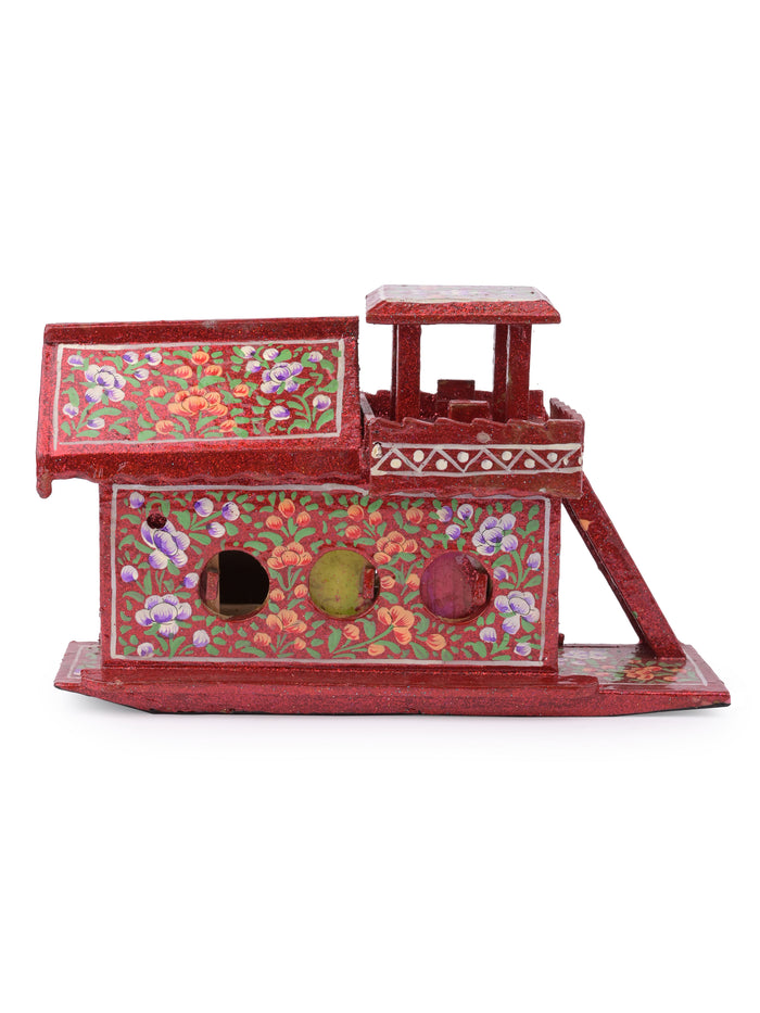 Bright Red color Paper Mache House Boat, Decorative Showpiece - The Heritage Artifacts