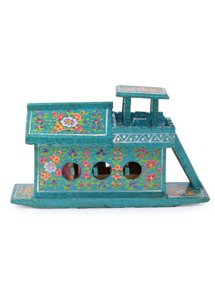Bright Blue color Paper Mache House Boat, Decorative Showpiece - The Heritage Artifacts