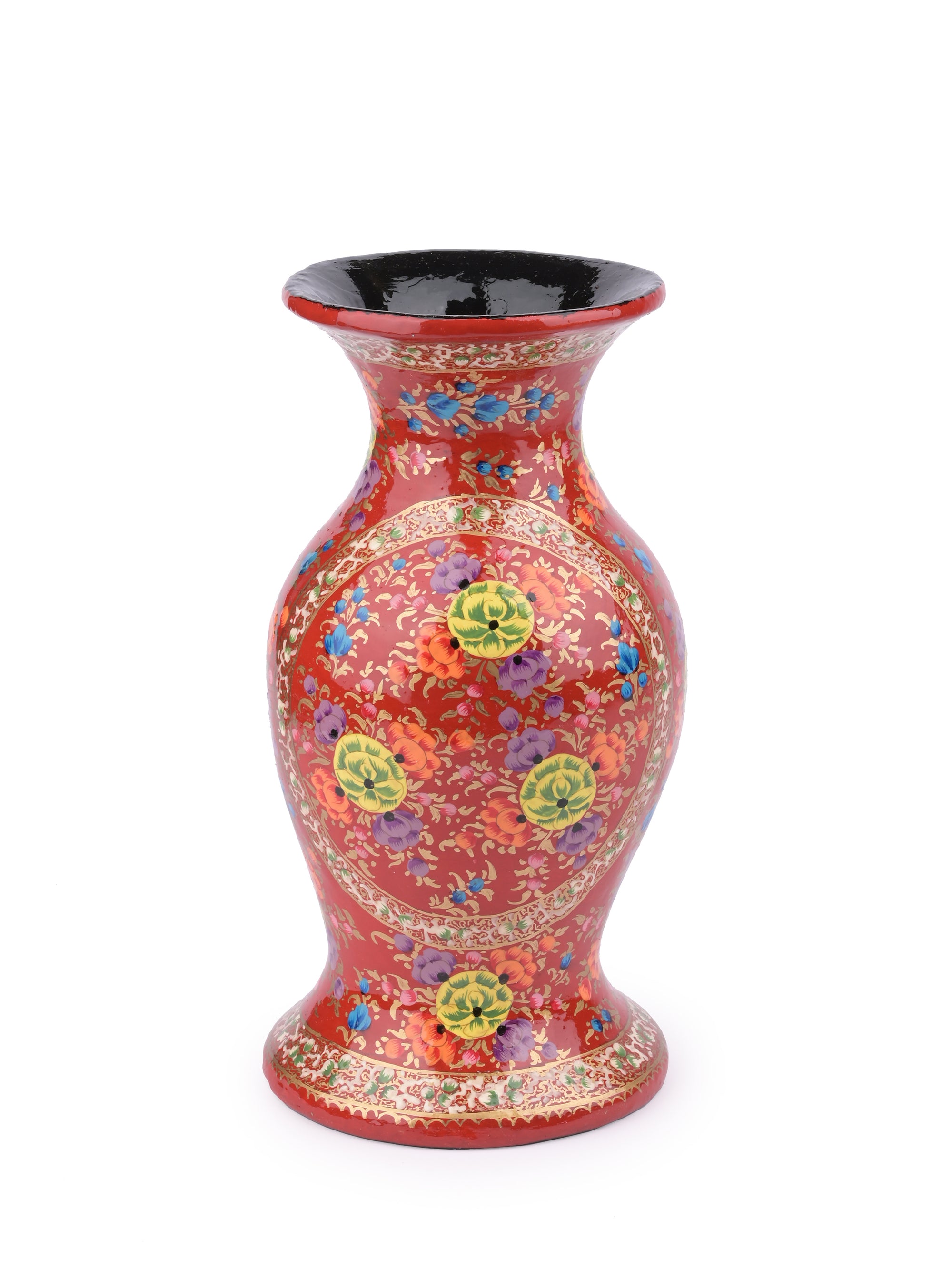 10 inches Paper Mache Vase with Floral Motifs on Red background - The Heritage Artifacts