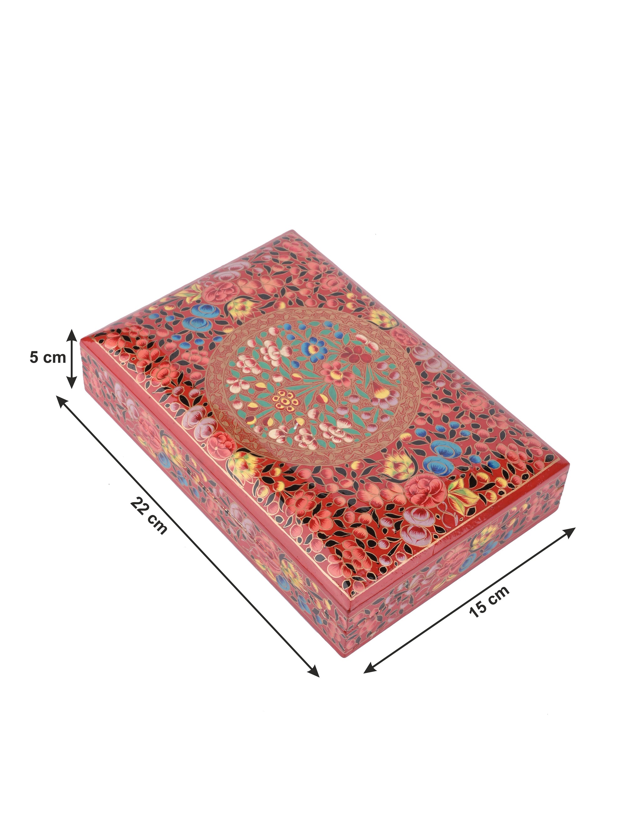 Rectangular Paper Mache Multi purpose storage box with Red floral pattern embossed - The Heritage Artifacts
