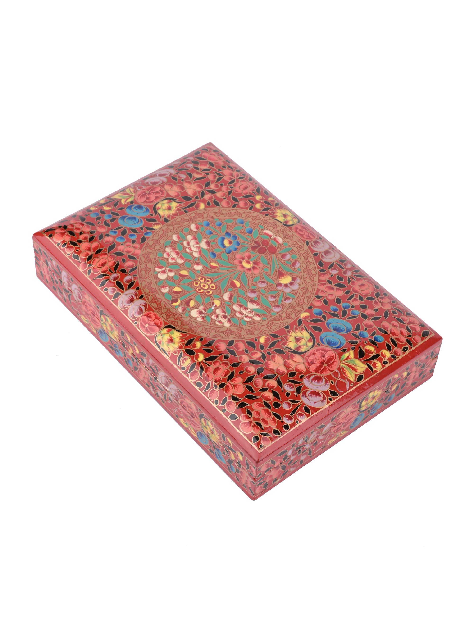 Rectangular Paper Mache Multi purpose storage box with Red floral pattern embossed - The Heritage Artifacts