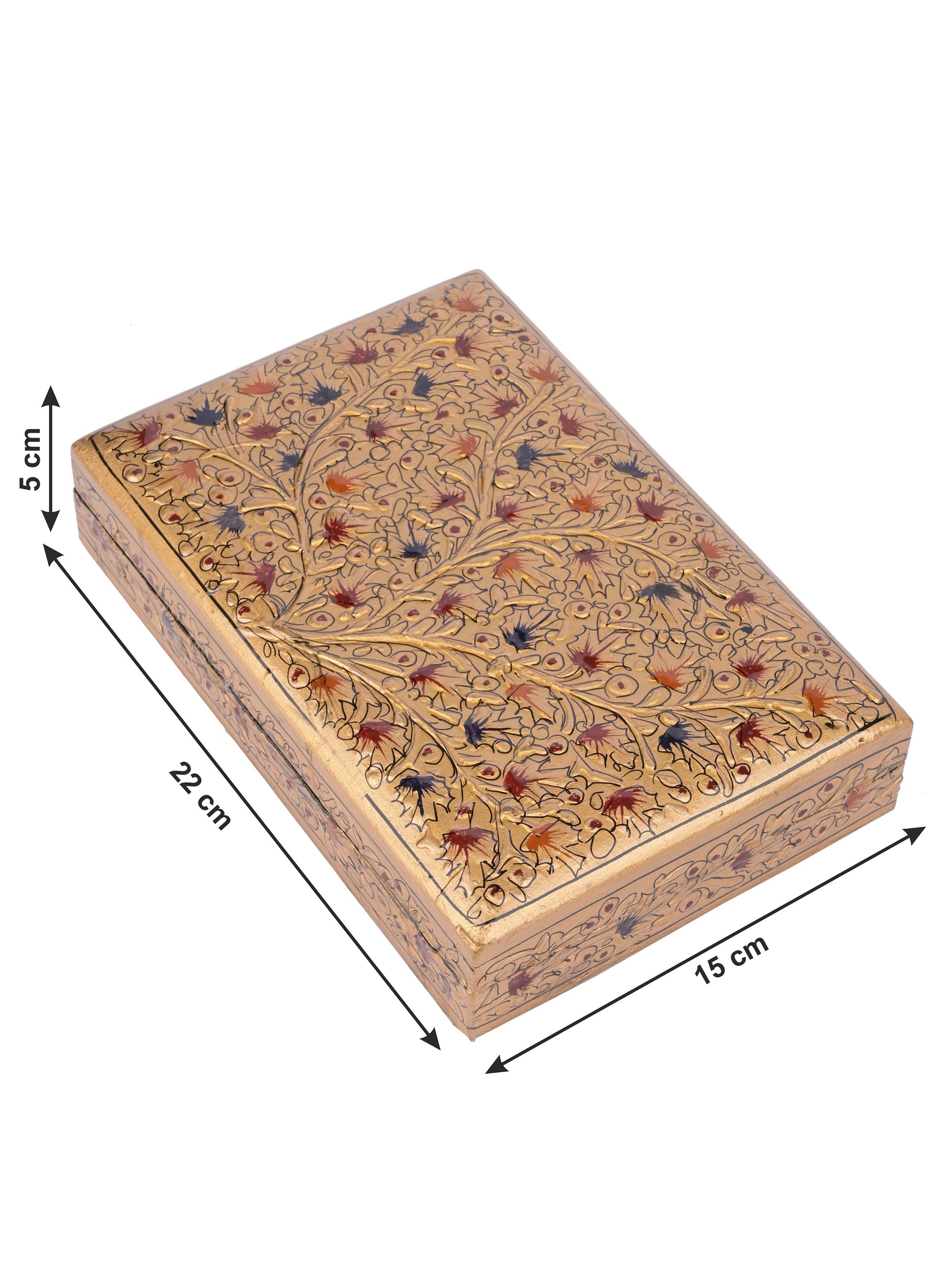 Rectangular Paper Mache Multi purpose storage box with Golden floral pattern embossed - The Heritage Artifacts