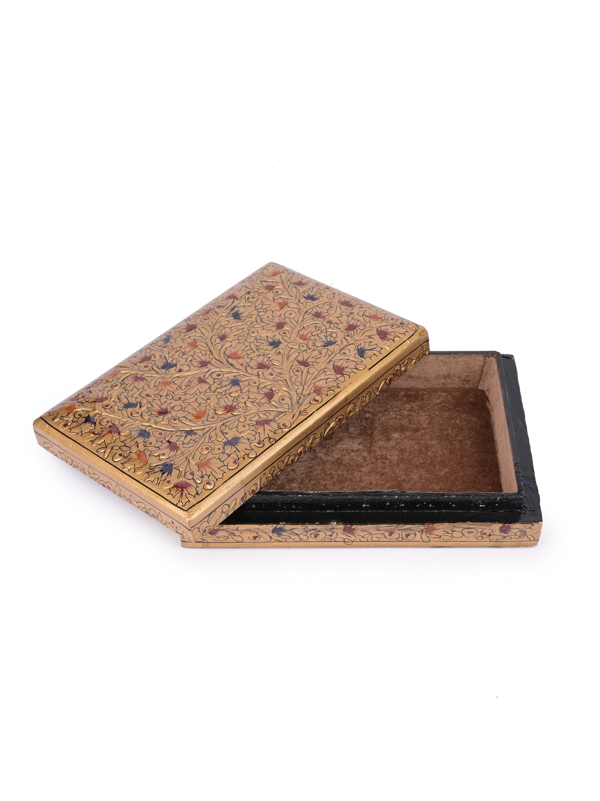Rectangular Paper Mache Multi purpose storage box with Golden floral pattern embossed - The Heritage Artifacts