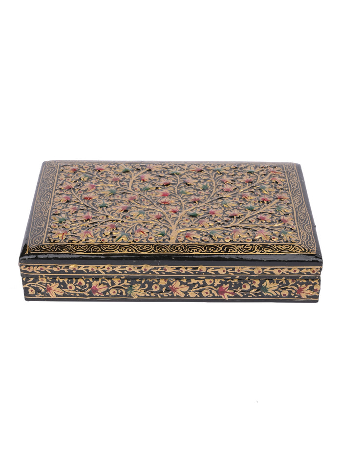 Rectangular Paper Mache Multi purpose storage box with Black floral pattern embossed - The Heritage Artifacts