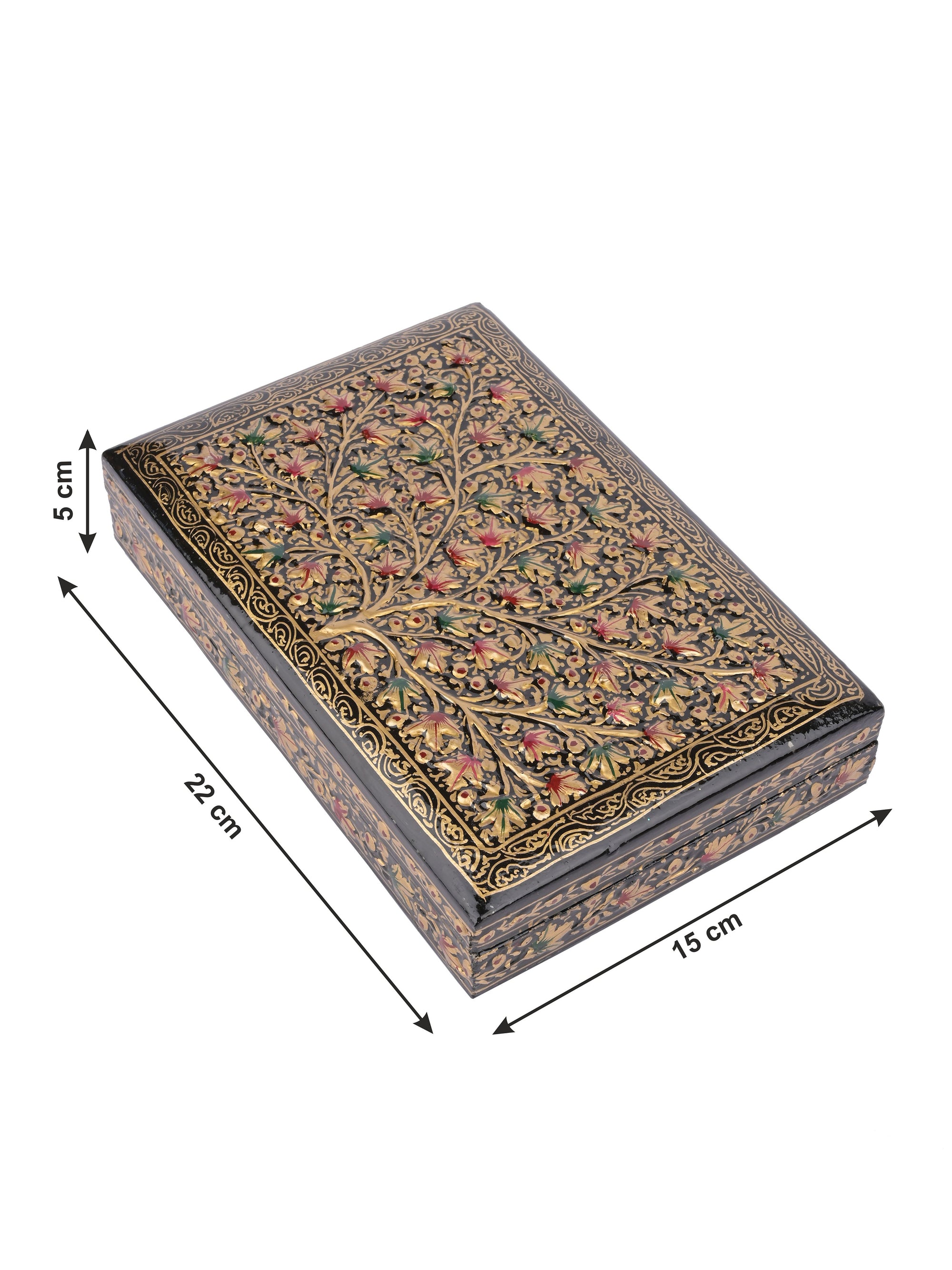 Rectangular Paper Mache Multi purpose storage box with Black floral pattern embossed - The Heritage Artifacts