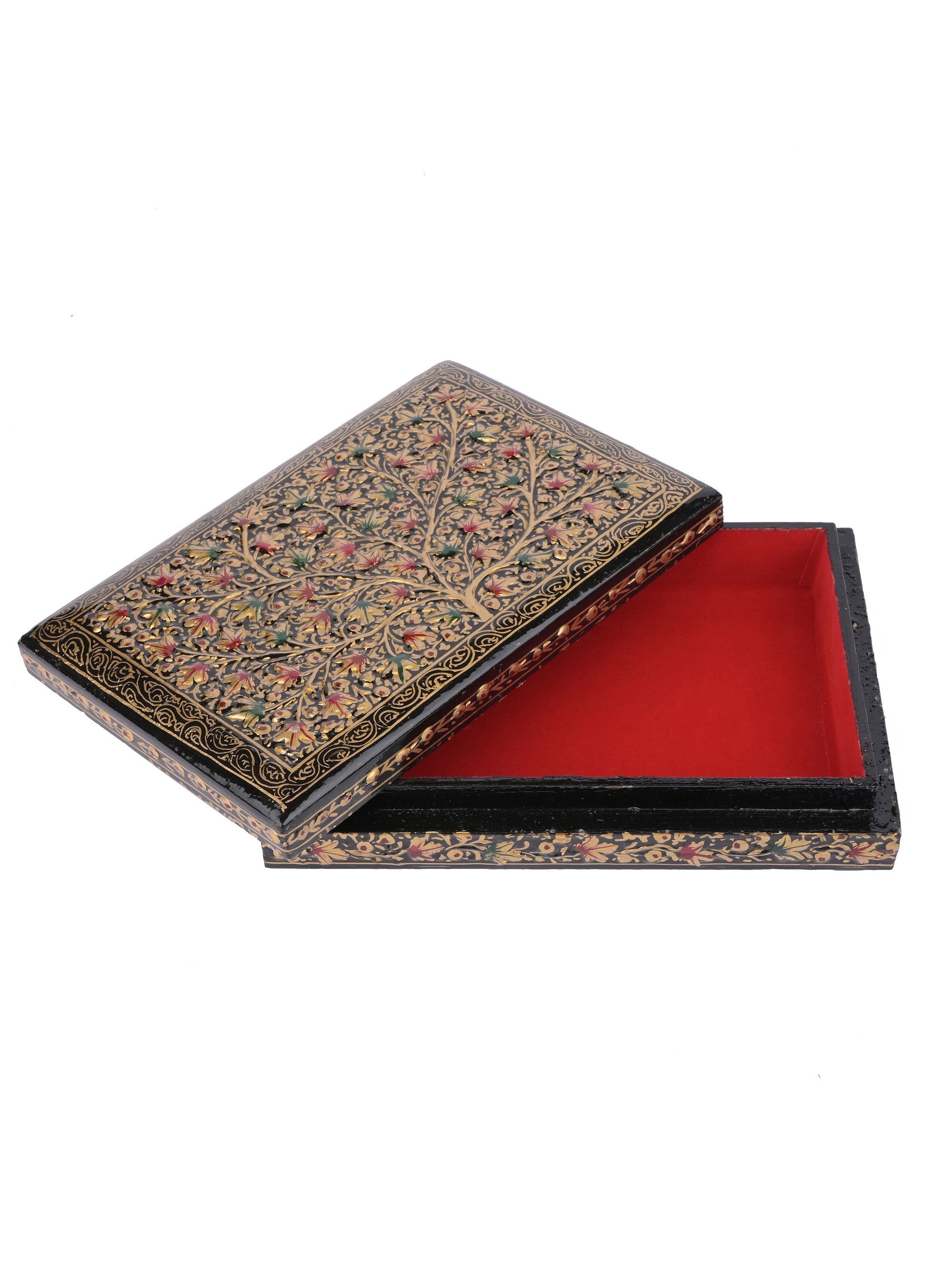Rectangular Paper Mache Multi purpose storage box with Black floral pattern embossed - The Heritage Artifacts