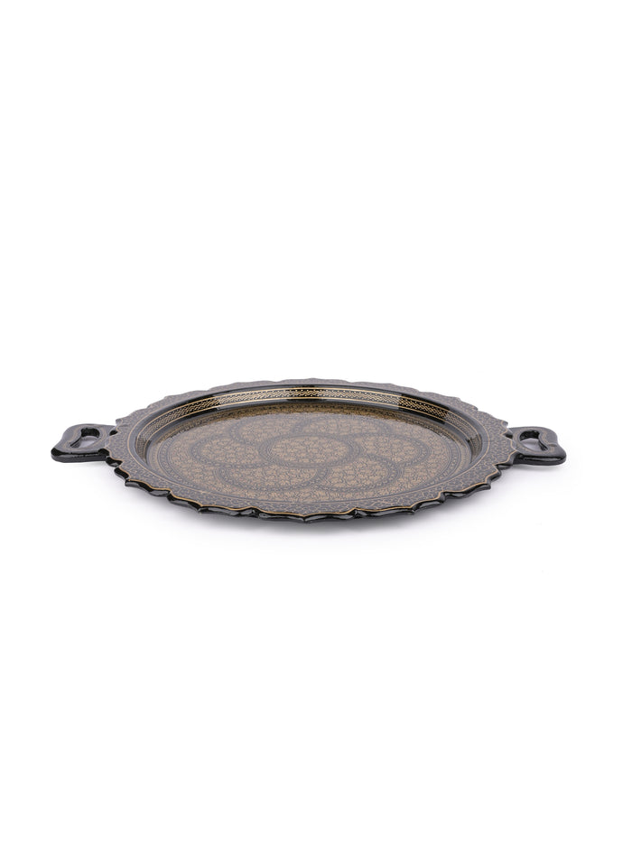 Paper Mache, Black and Gold Round Decorative Serving Tray with Handle - The Heritage Artifacts