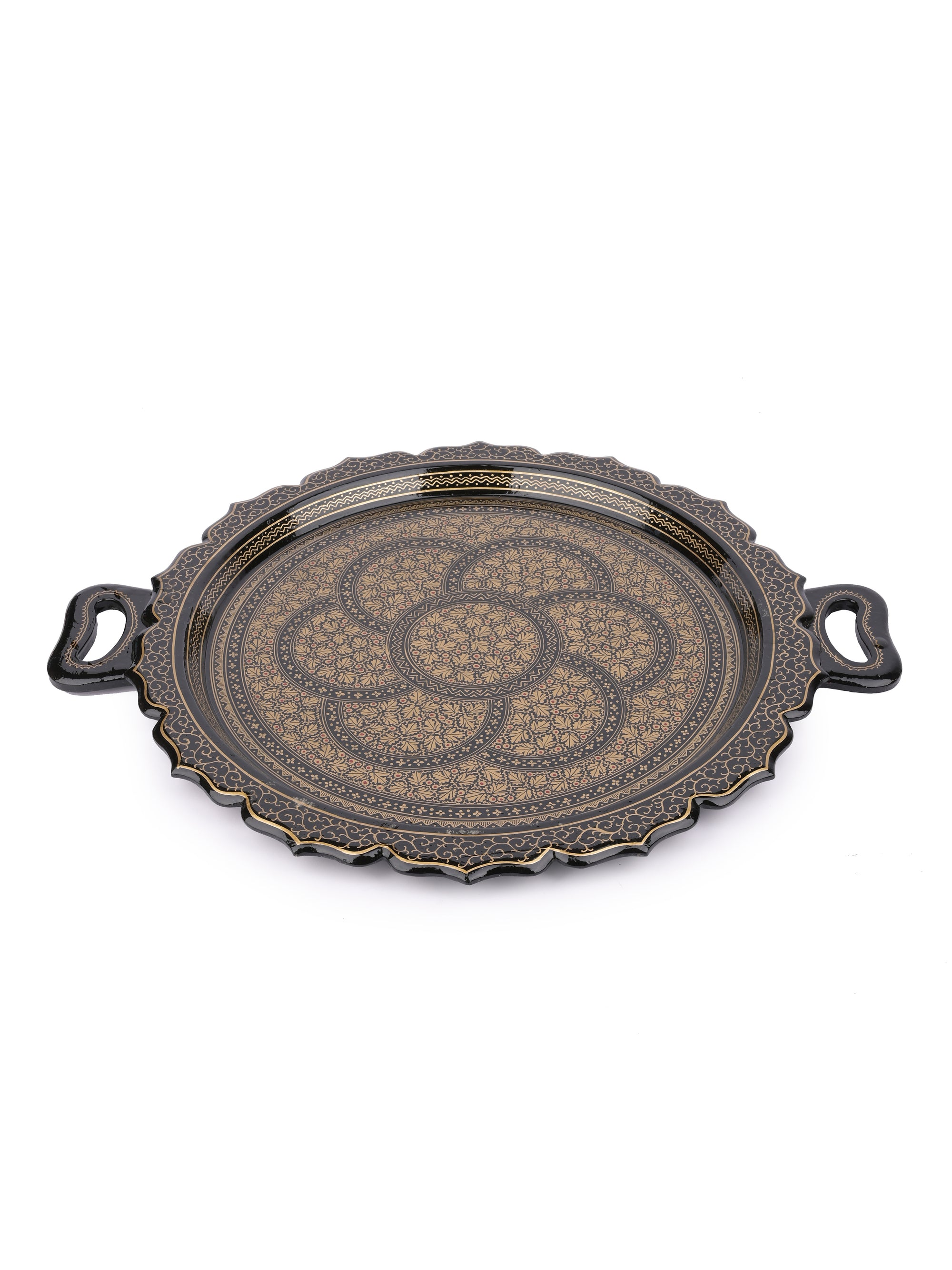 Paper Mache, Black and Gold Round Decorative Serving Tray with Handle - The Heritage Artifacts