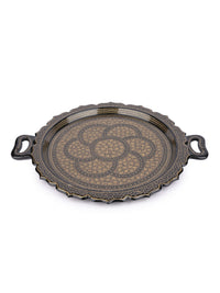 Paper Mache, Black and Gold Round Decorative Serving Tray with Handle - The Heritage Artifacts