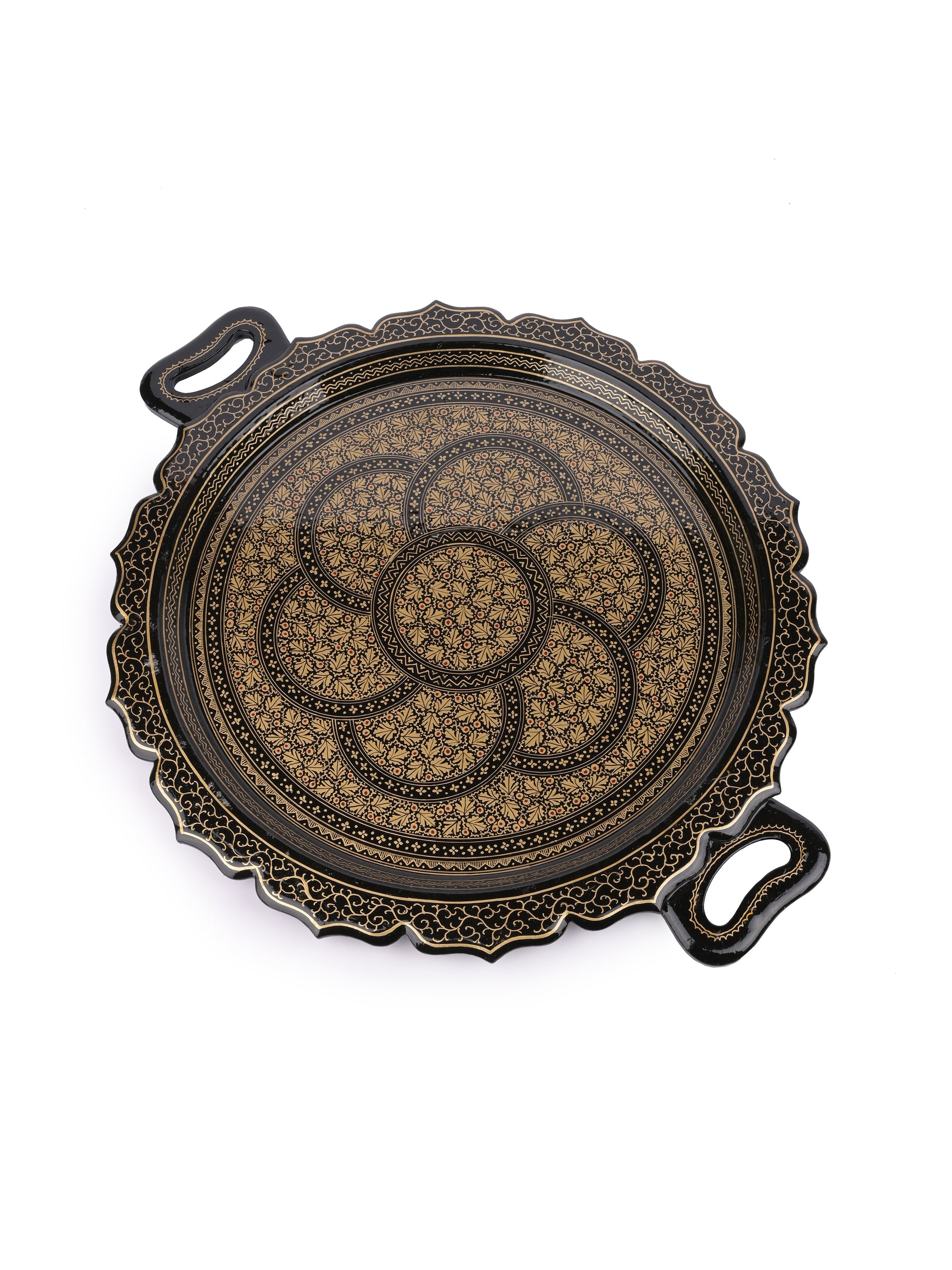 Paper Mache, Black and Gold Round Decorative Serving Tray with Handle - The Heritage Artifacts