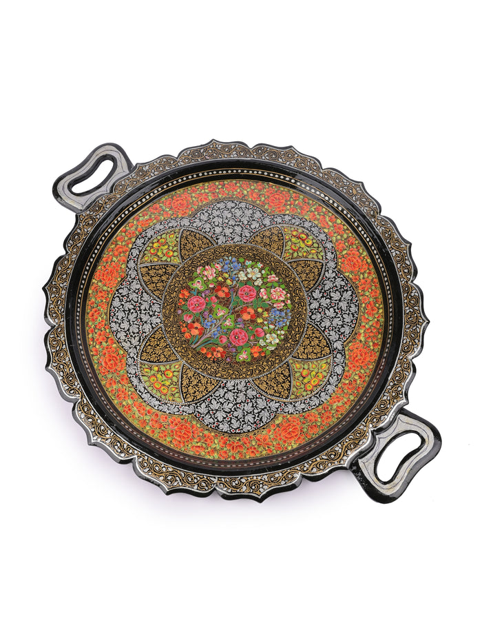 Paper Mache, Multicolor Round Decorative Serving Tray with Handle - The Heritage Artifacts