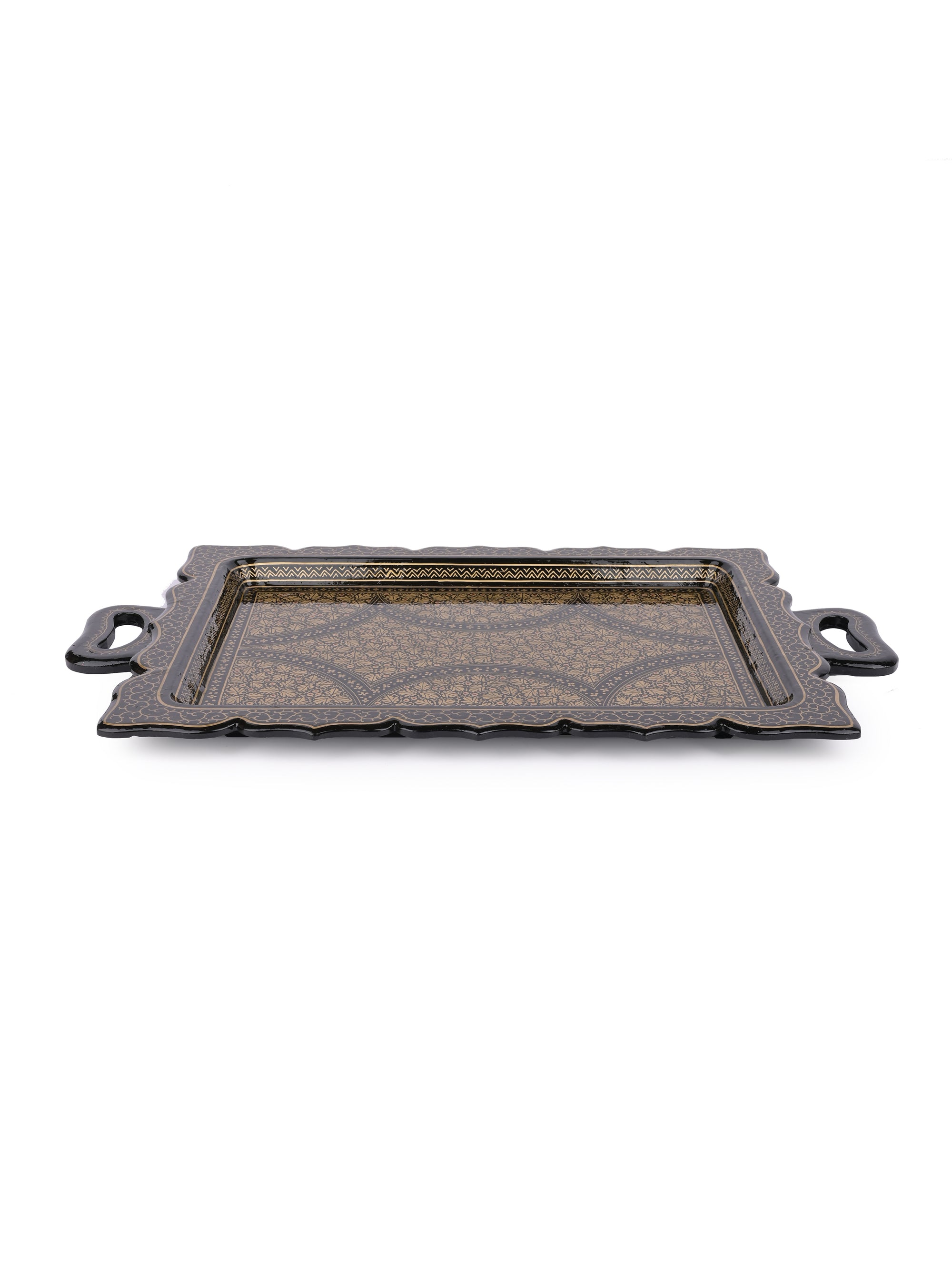 Paper Mache, Black and Gold painted Royal look Serving Tray with handle - The Heritage Artifacts