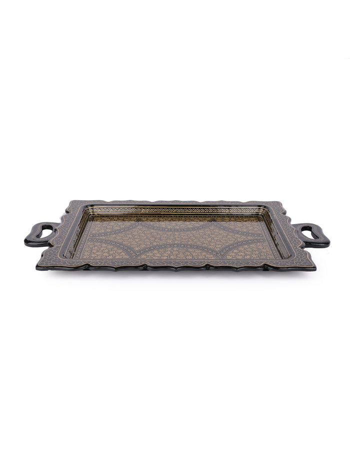 Paper Mache, Black and Gold painted Royal look Serving Tray with handle - The Heritage Artifacts