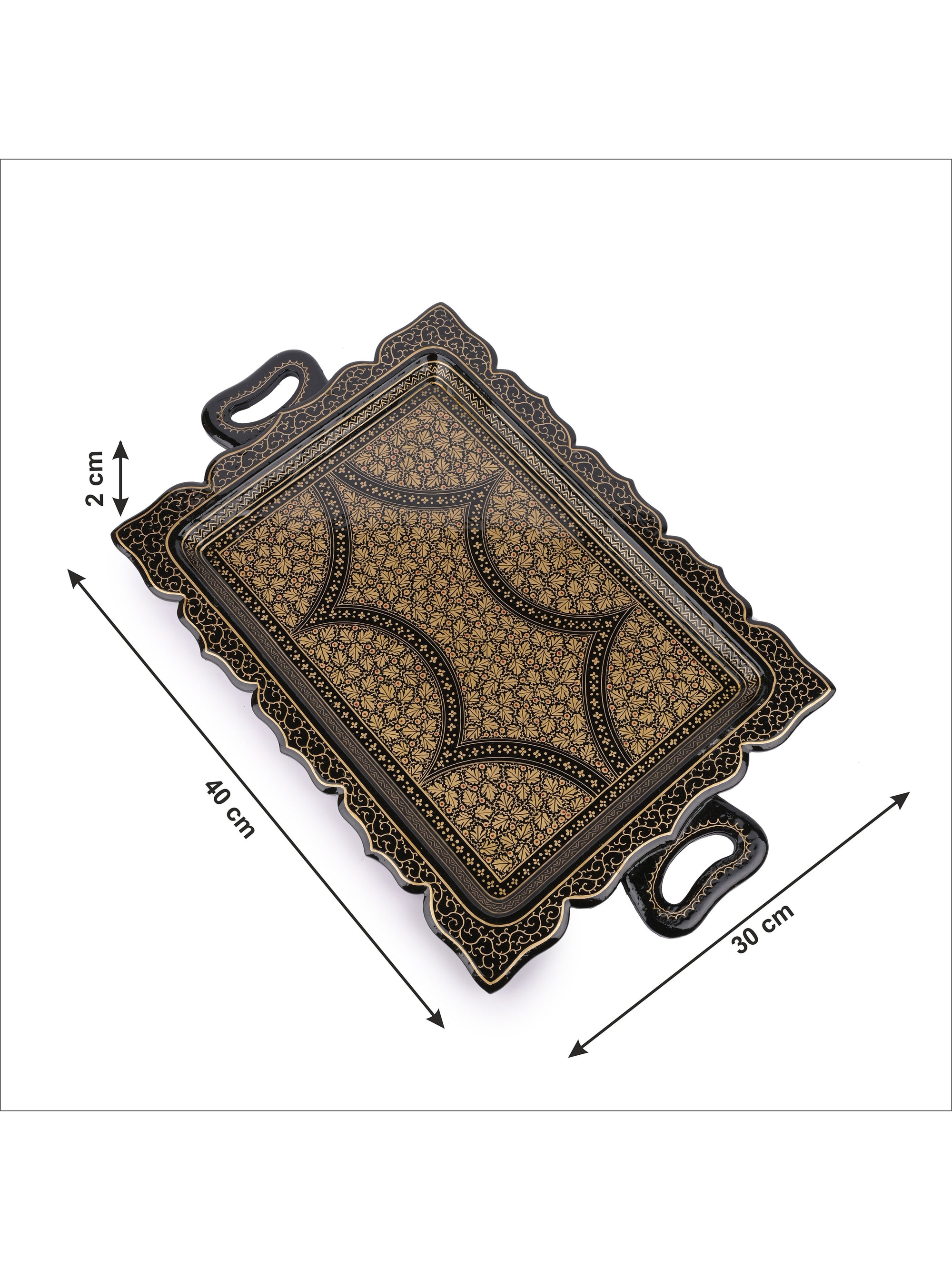 Paper Mache, Black and Gold painted Royal look Serving Tray with handle - The Heritage Artifacts
