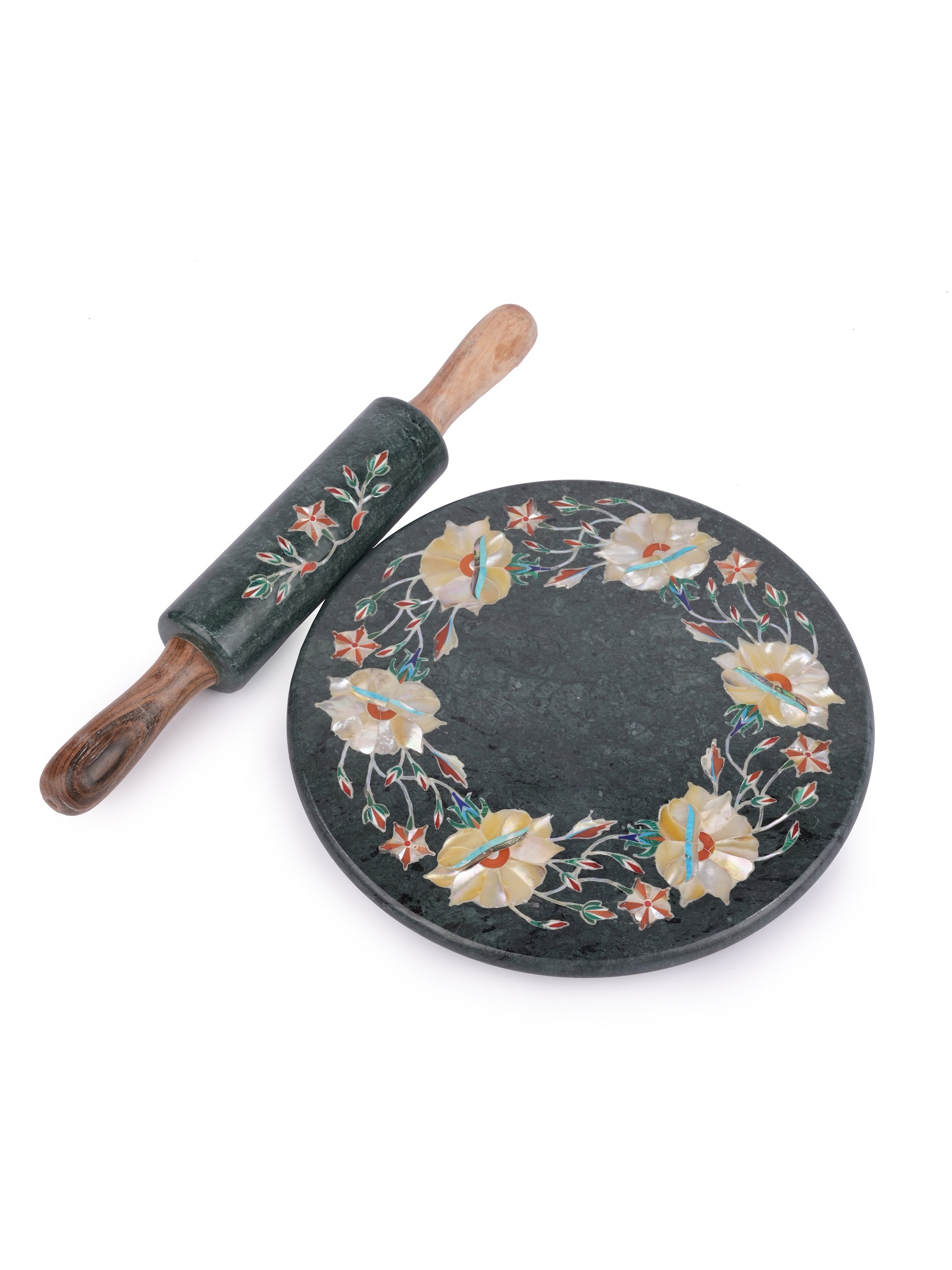 Green marble inlaid Chakla Belan / Rolling board and Pin set - The Heritage Artifacts