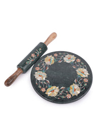 Green marble inlaid Chakla Belan / Rolling board and Pin set - The Heritage Artifacts