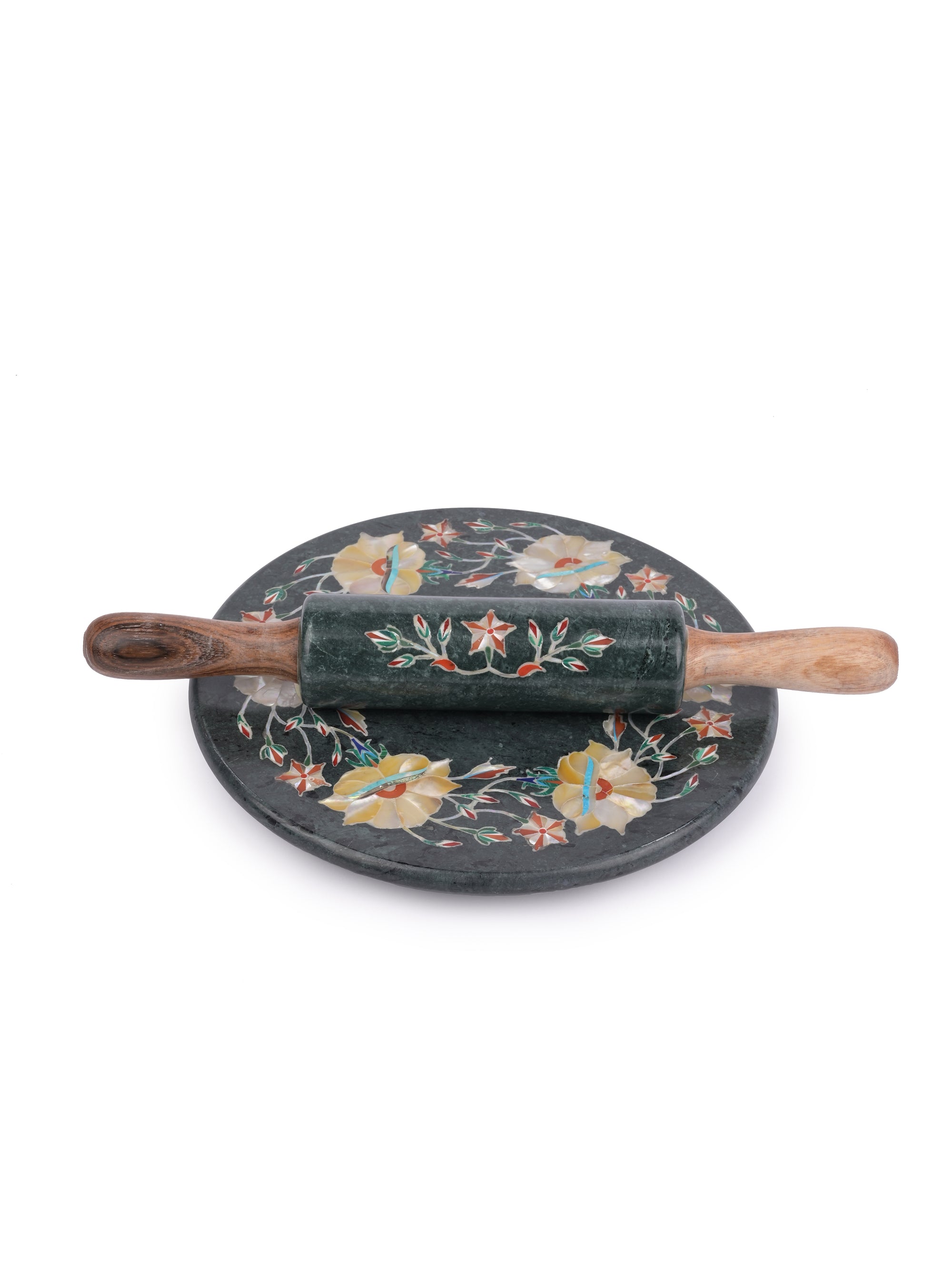Green marble inlaid Chakla Belan / Rolling board and Pin set - The Heritage Artifacts