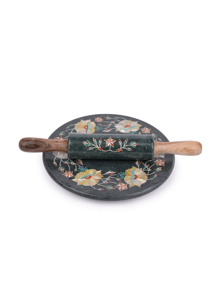 Green marble inlaid Chakla Belan / Rolling board and Pin set - The Heritage Artifacts