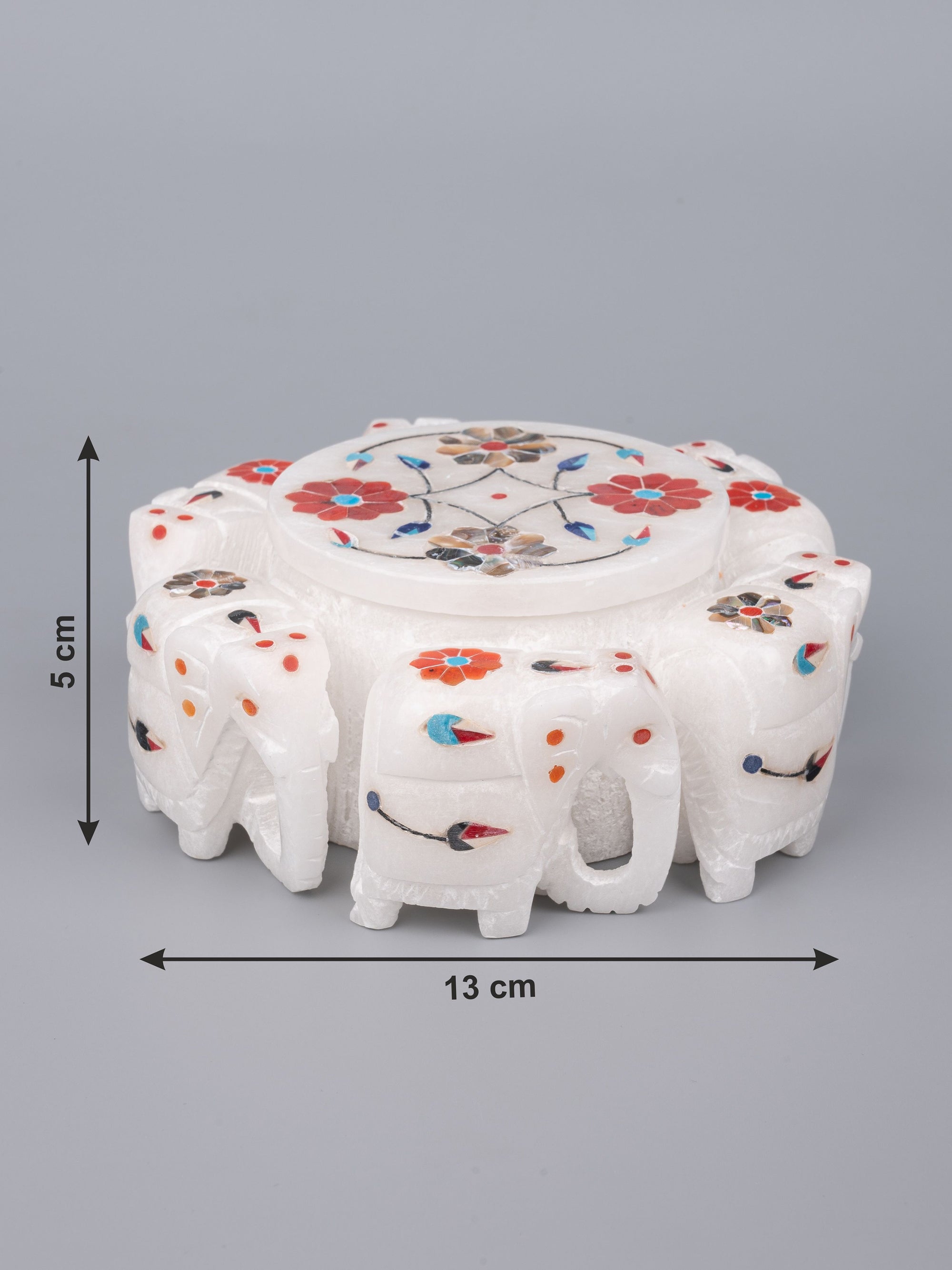 Marble elephant round jewellery box with beautiful inlay work - The Heritage Artifacts