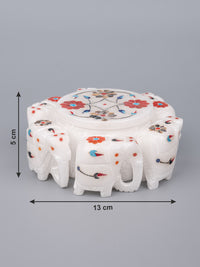 Marble elephant round jewellery box with beautiful inlay work - The Heritage Artifacts