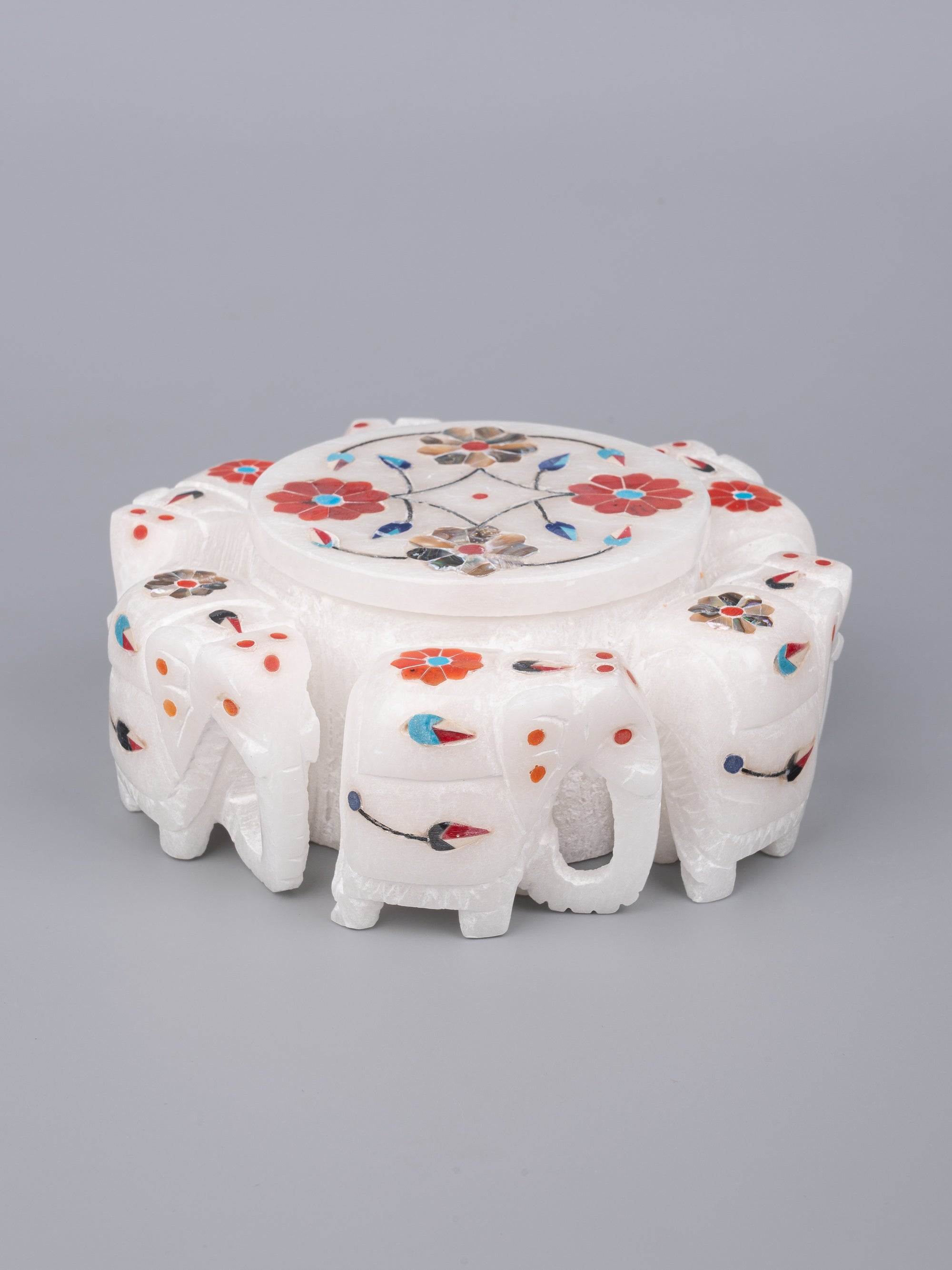 Marble elephant round jewellery box with beautiful inlay work - The Heritage Artifacts