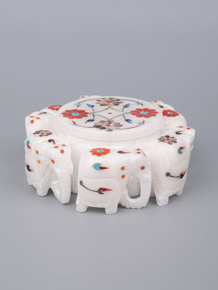 Marble elephant round jewellery box with beautiful inlay work - The Heritage Artifacts