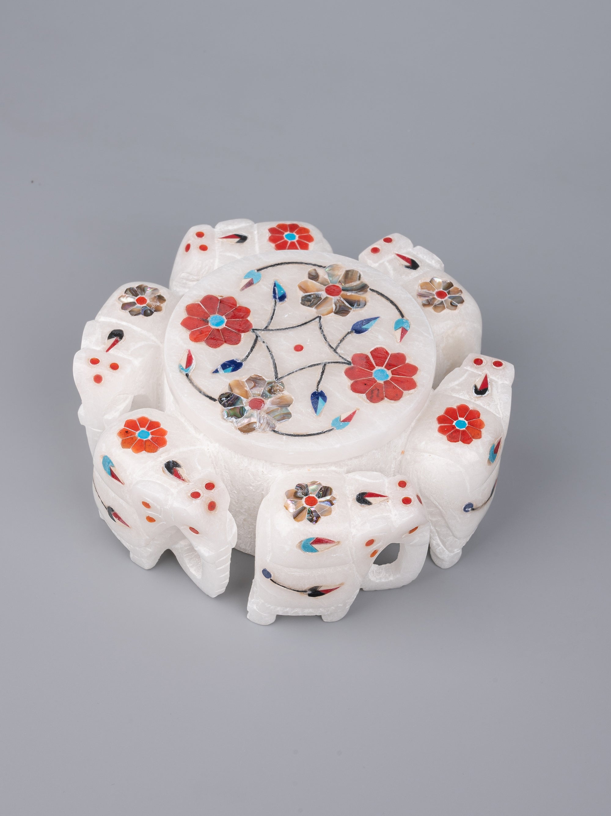 Marble elephant round jewellery box with beautiful inlay work - The Heritage Artifacts