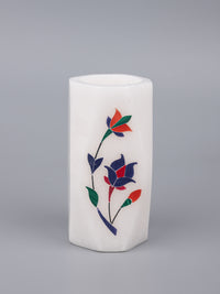 White marble pen stand with blue flower inlay work - The Heritage Artifacts