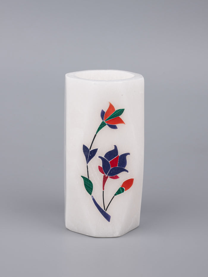 White marble pen stand with blue flower inlay work - The Heritage Artifacts