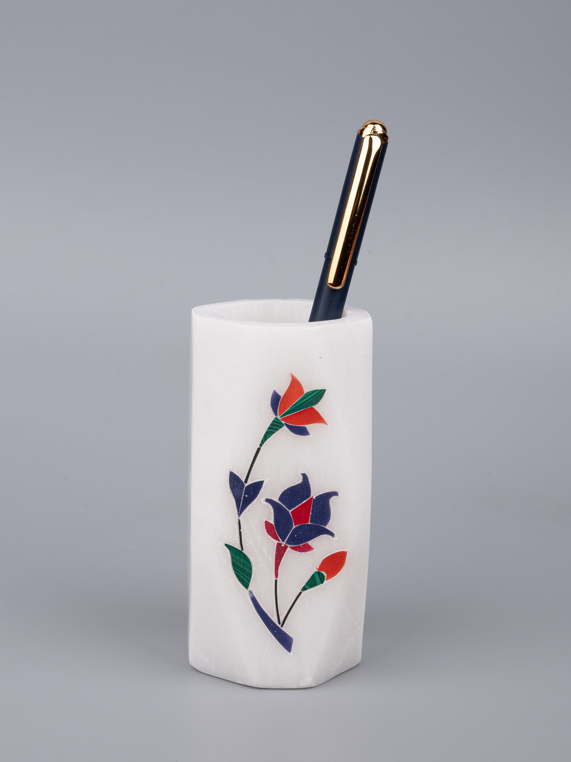 White marble pen stand with blue flower inlay work - The Heritage Artifacts