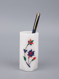 White marble pen stand with blue flower inlay work - The Heritage Artifacts