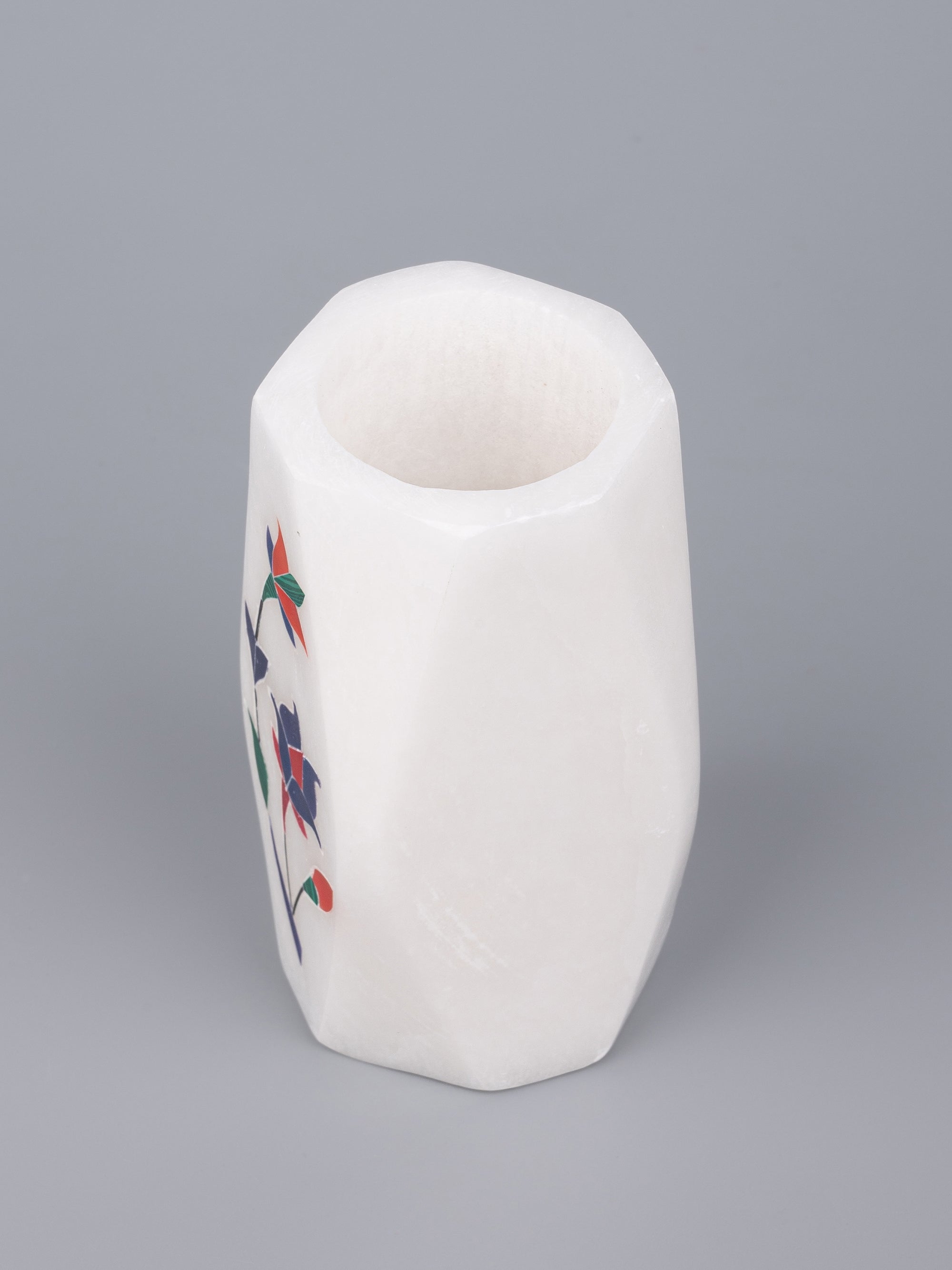 White marble pen stand with blue flower inlay work - The Heritage Artifacts