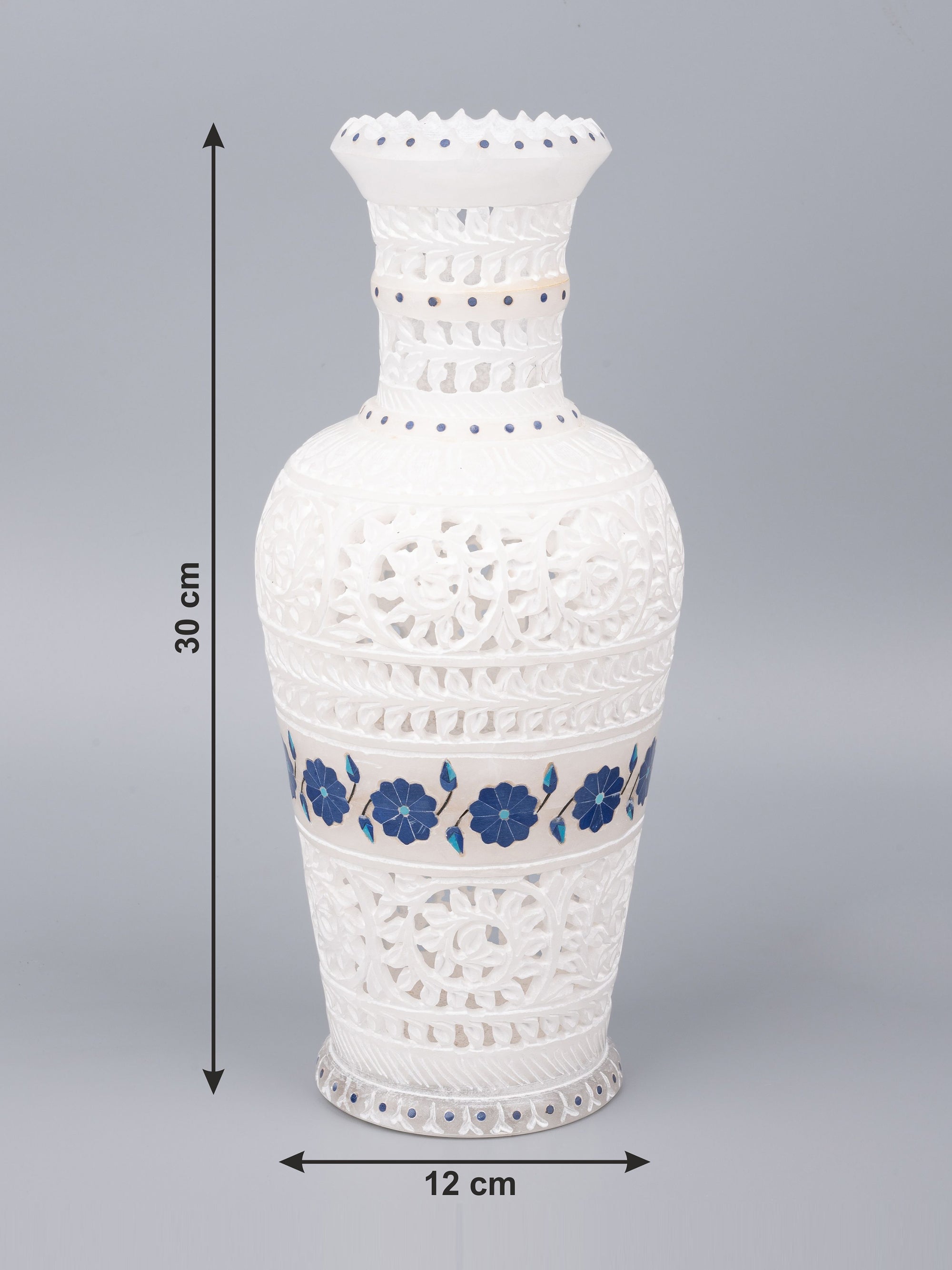 White marble flower vase with jali work & blue flower inlay - 12 inches - The Heritage Artifacts