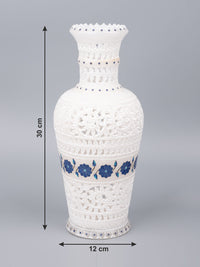 White marble flower vase with jali work & blue flower inlay - 12 inches - The Heritage Artifacts
