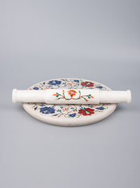 White marble inlaid Chakla Belan / Rolling board and Pin set - The Heritage Artifacts