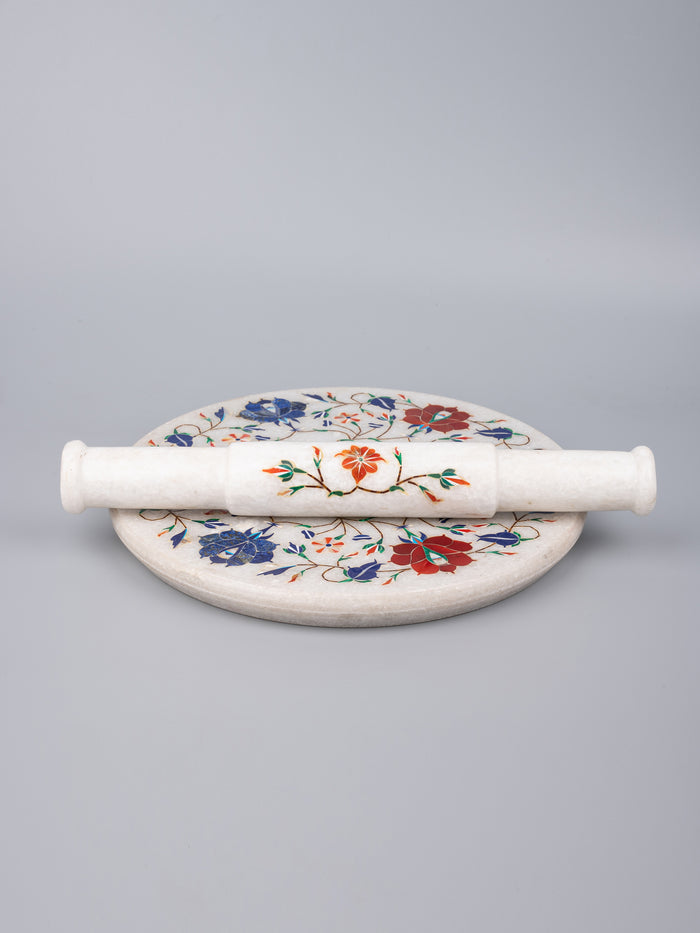 White marble inlaid Chakla Belan / Rolling board and Pin set - The Heritage Artifacts