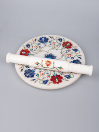 White marble inlaid Chakla Belan / Rolling board and Pin set - The Heritage Artifacts