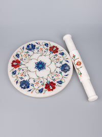 White marble inlaid Chakla Belan / Rolling board and Pin set - The Heritage Artifacts