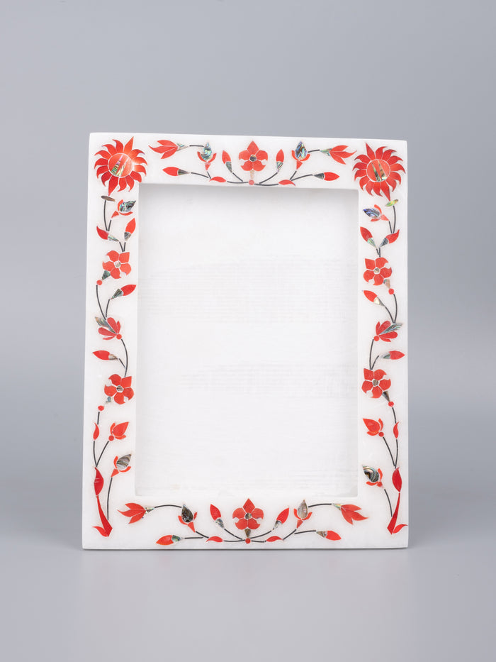 White marble photo / picture frame with inlay work - portrait view - The Heritage Artifacts