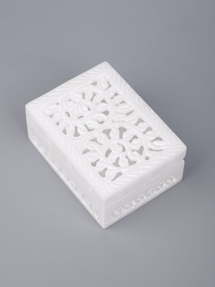 White marble jewellery box with jali carving - small size - The Heritage Artifacts
