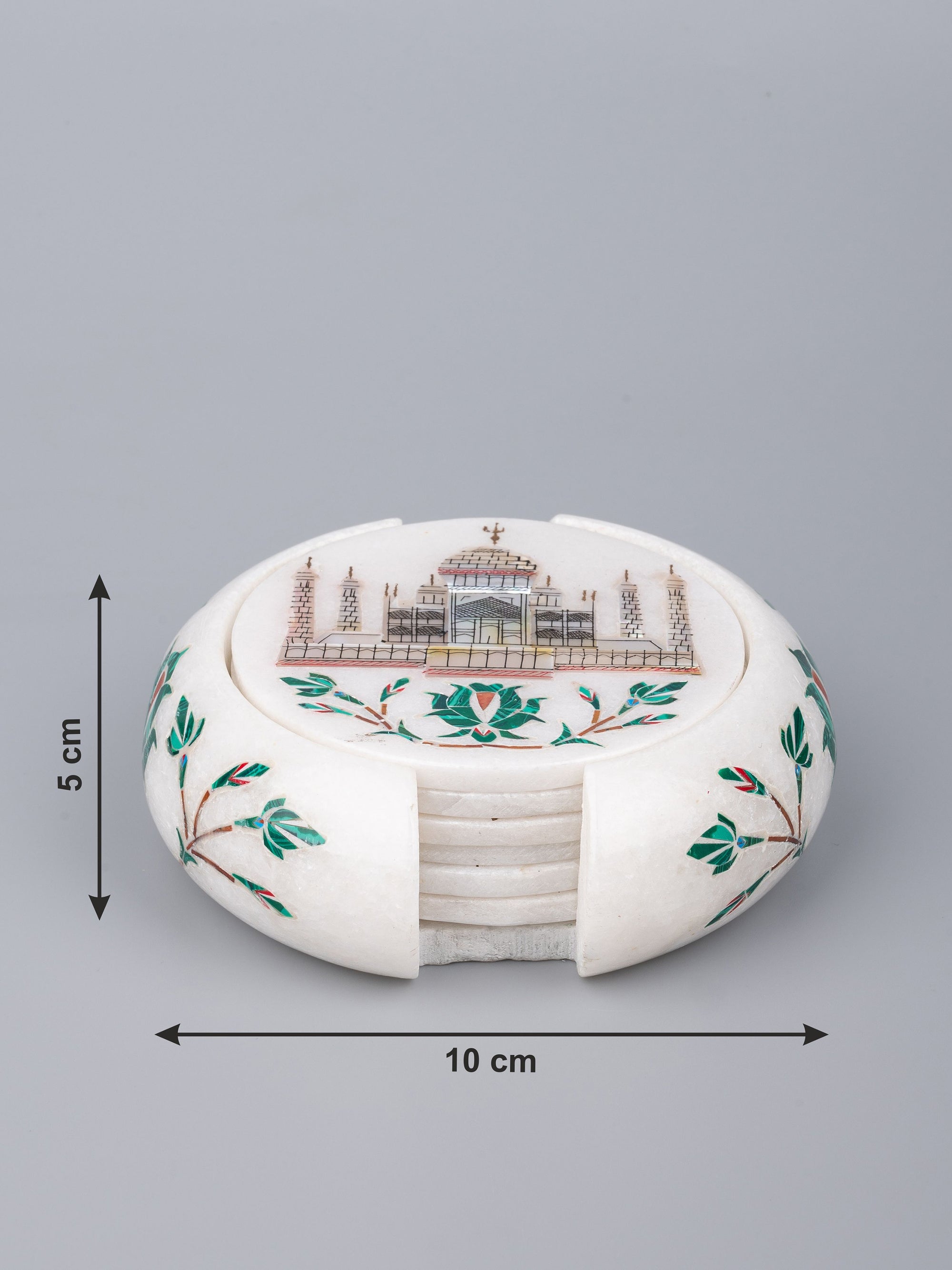 White marble 6 pieces coaster set with the iconic Taj Mahal inlay work - The Heritage Artifacts