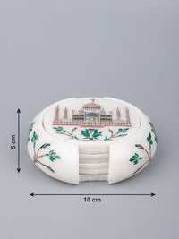 White marble 6 pieces coaster set with the iconic Taj Mahal inlay work - The Heritage Artifacts