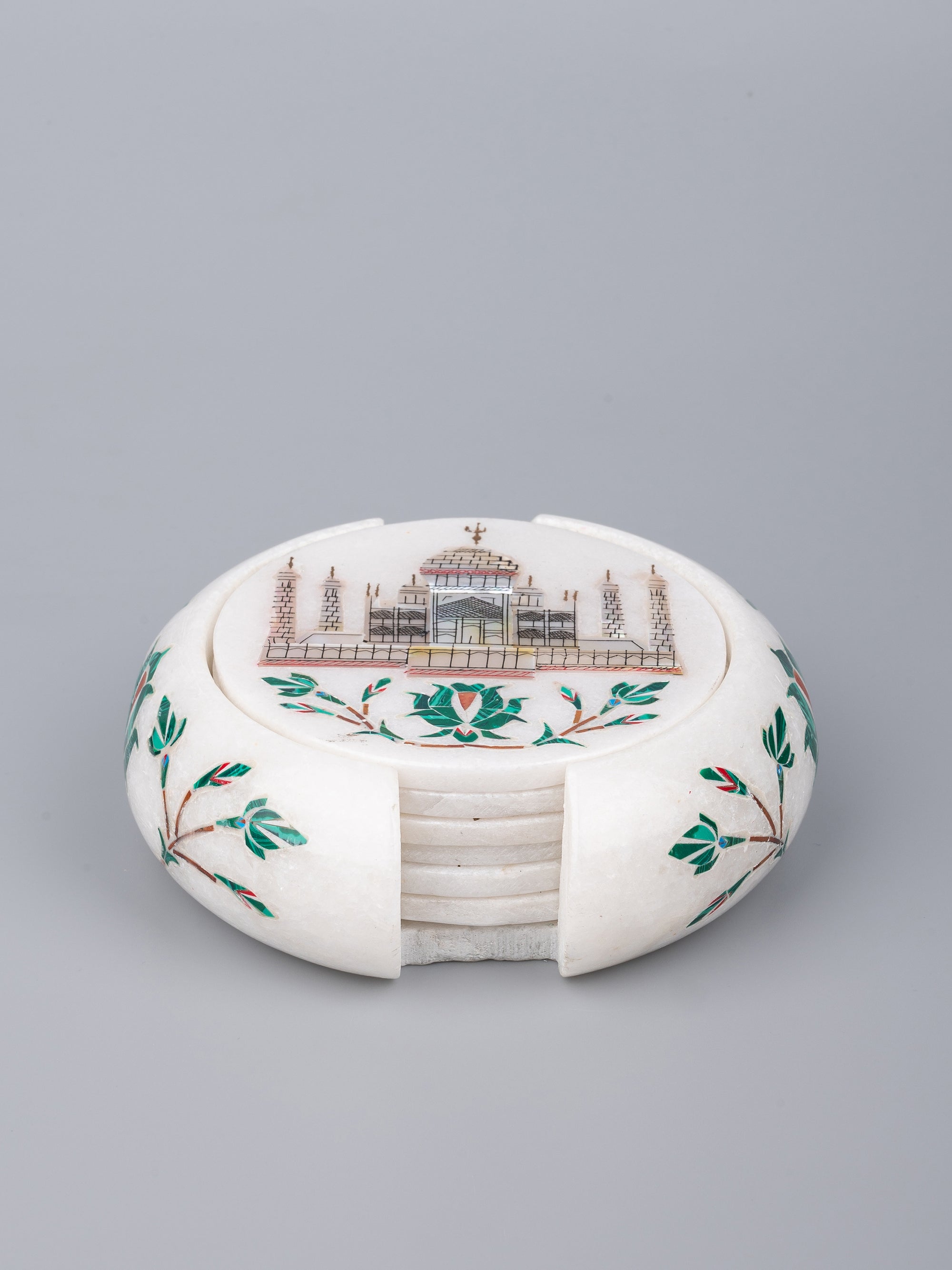 White marble 6 pieces coaster set with the iconic Taj Mahal inlay work - The Heritage Artifacts