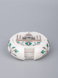 White marble 6 pieces coaster set with the iconic Taj Mahal inlay work - The Heritage Artifacts