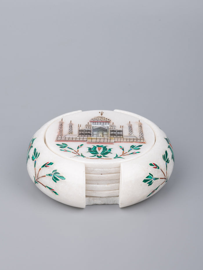 White marble 6 pieces coaster set with the iconic Taj Mahal inlay work - The Heritage Artifacts